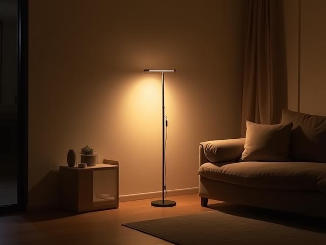 Smart lamp illuminating a modern living room with minimalist furniture and decor, creating a warm ambiance.